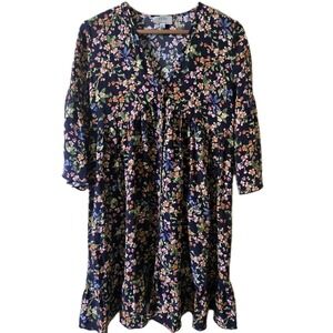 Johnny Was Dress Womens XS Navy Blue Floral Silk Jade Babydoll Bell Sleeve